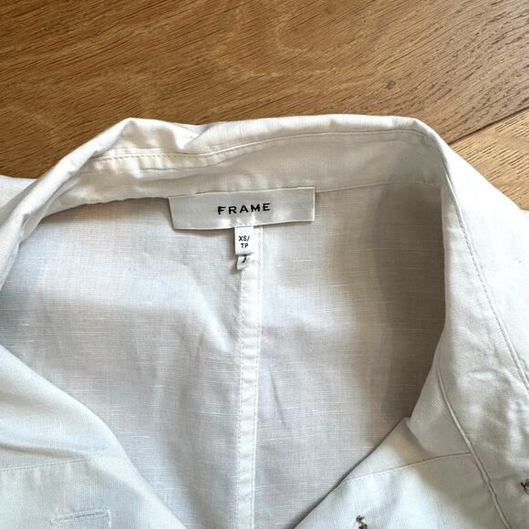 Frame Cotton Linen Blend Patch Pocket Utility Cropped Short Sleeve Top Cream XS - Picture 8 of 10